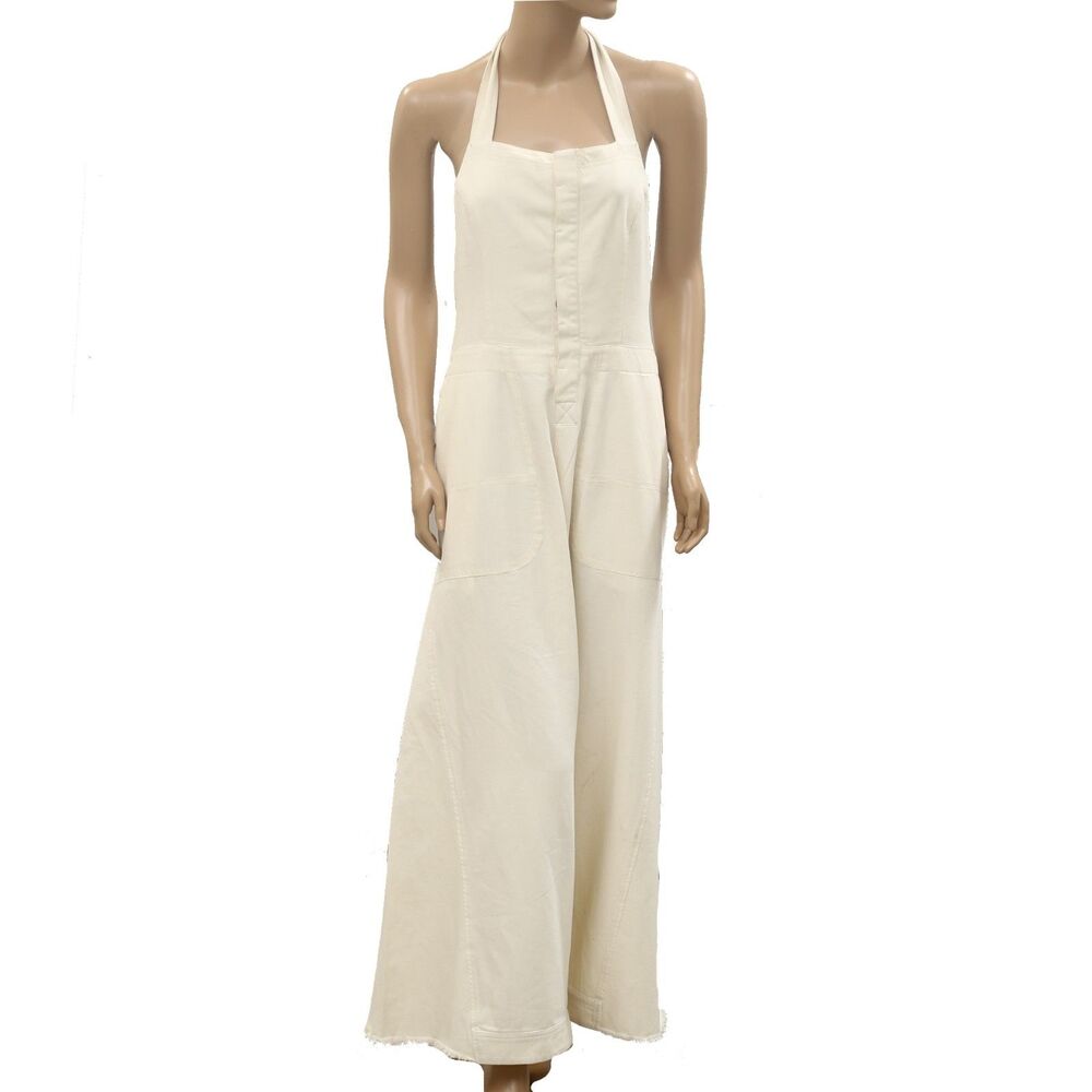 Free People We The Free Solid Jumpsuit Halter Wide-Leg Cream Cotton XS 286841